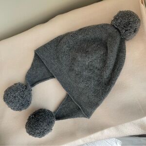 100% Cashmere Three Pom-Pom Ear Flap Beanie - Dark Gray